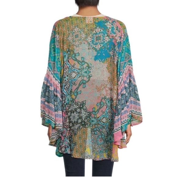 SAACHI Ruffle Printed Open Kimono Blue, Pink One Size - Picture 2 of 12